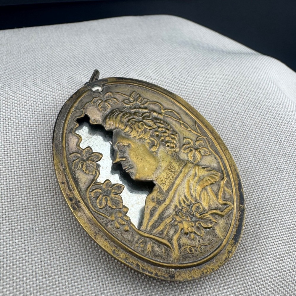 Antique Pocket Mirror Brass Advertising Repousse Lady S Stahl NY Milliner READ